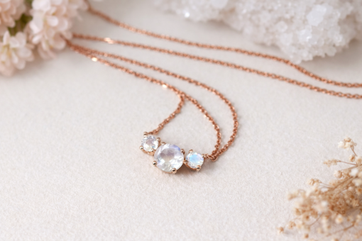 Three Stone Rainbow Moonstone Necklace, 3 Stone Necklace