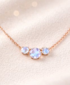 14k Gold Rainbow Moonstone Necklace Trio Gemstone Pendant