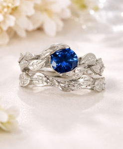 Leaves Wedding Set With Sapphire, Leaf Ring Bridal Set - Image 5