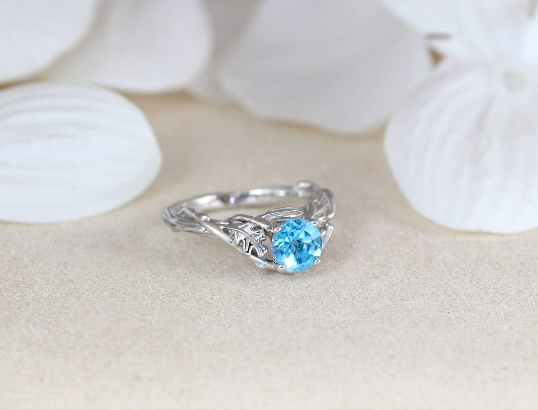 Blue Topaz Leaf Engagement Ring In 14k Solid White Gold, Nature ...