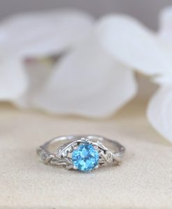 Blue Topaz Leaf Engagement Ring In 14k Solid White Gold, Nature Inspired Wood Oak Tree - Image 2