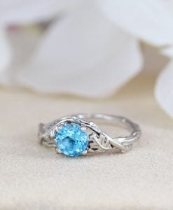 Blue Topaz Leaf Engagement Ring In 14k Solid White Gold, Nature ...