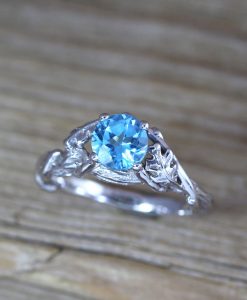 Blue Topaz Leaf Engagement Ring In 14k Solid White Gold, Nature Inspired Wood Oak Tree - Image 4