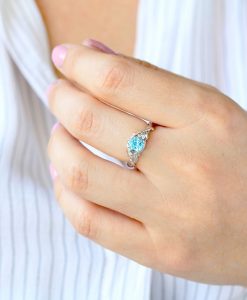 Blue Topaz Leaf Engagement Ring In 14k Solid White Gold, Nature Inspired Wood Oak Tree - Image 5