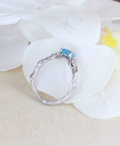 Blue Topaz Leaf Engagement Ring In 14k Solid White Gold, Nature Inspired Wood Oak Tree - Image 6
