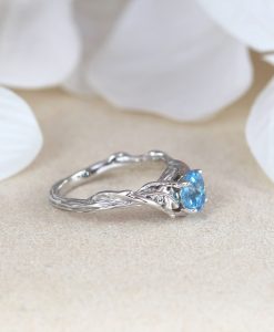 Blue Topaz Leaf Engagement Ring In 14k Solid White Gold, Nature Inspired Wood Oak Tree - Image 7