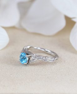 Blue Topaz Leaf Engagement Ring In 14k Solid White Gold, Nature Inspired Wood Oak Tree - Image 8