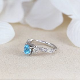 Blue Topaz Leaf Engagement Ring In 14k Solid White Gold, Nature Inspired Wood Oak Tree