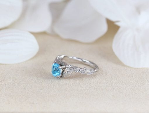 blue topaz leaf engagement ring in 14k solid white gold nature inspired wood oak tree 5ddc18db