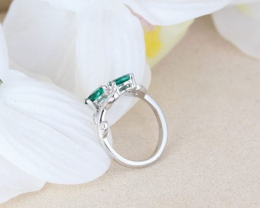 Nature inspired pear cut emerald leaves ring, Alternative engagement ring
