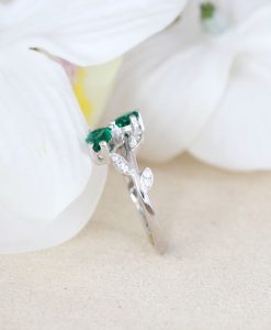 Nature inspired pear cut emerald leaves ring, Alternative engagement ring - Image 8