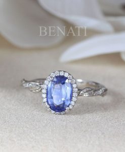 Unique Natural Sapphire Engagement Ring, Antique Leaf Ring - Image 2