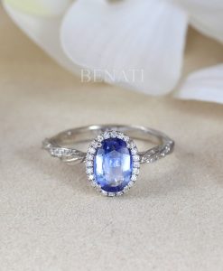 Unique Natural Sapphire Engagement Ring, Antique Leaf Ring - Image 3