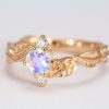 Emerald Cut Moonstone Leaves Engagement Ring, 18k Rose Gold Nature Moonstone Ring