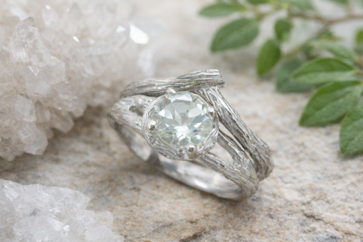 Nature inspired engagement ring set with amethyst gemstone