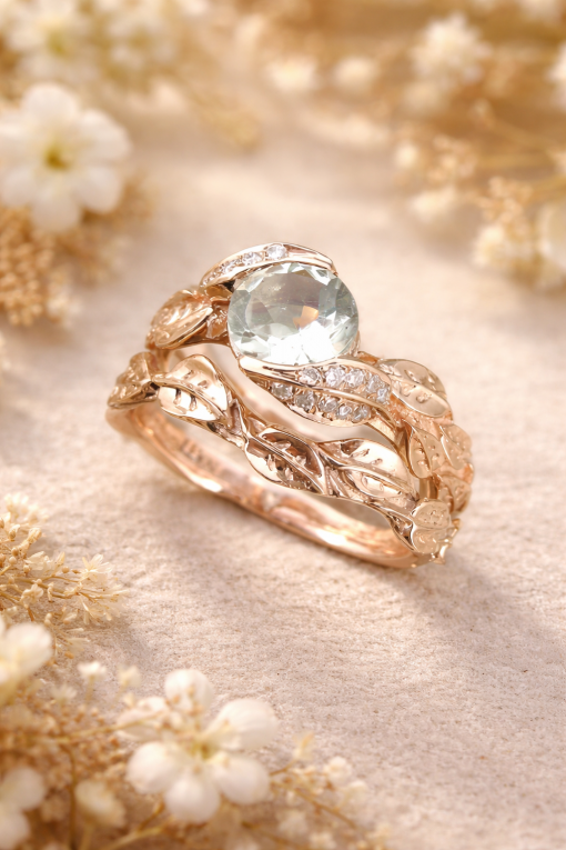 Leaves Wedding Set Rose Gold Engagement Ring Set, Leaves Ring Set Leaves Wedding Set Rose Gold Engagement Ring Set