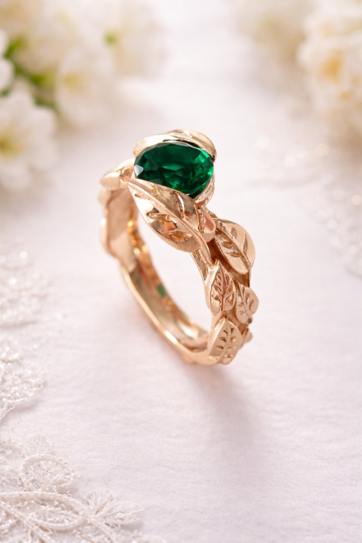 Emerald Engagement Leaf Ring, Leaves Engagement Ring