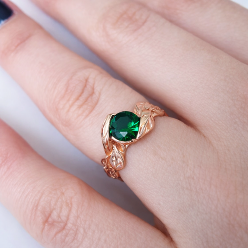 Emerald Engagement Leaf Ring, Leaves Engagement Ring