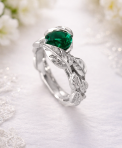 Emerald Engagement Leaf Ring, Leaves Engagement Ring - Image 3