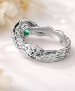 White gold emerald ring with leaf design, nature inspired engagement ring with green gemstone, unique white gold jewelry for her