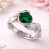 White gold emerald ring with leaf design, nature inspired engagement ring with green gemstone, unique white gold jewelry for her