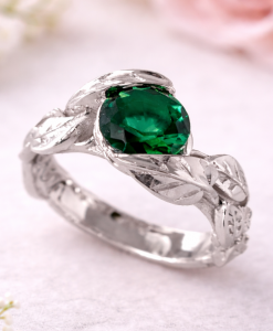 White gold emerald ring with leaf design, nature inspired engagement ring with green gemstone, unique white gold jewelry for her