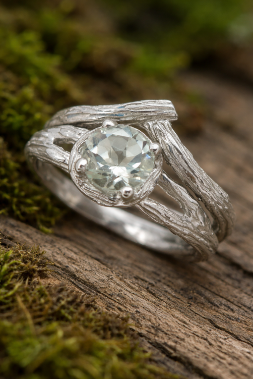 Green Amethyst Bark Wood Engagement Ring Set