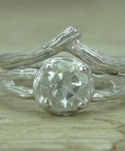 Green Amethyst Bark Wood Engagement Ring Set - Image 5