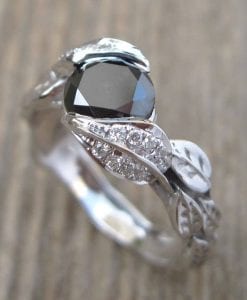 Black Diamond Engagement Ring, Leaf Engagement Ring