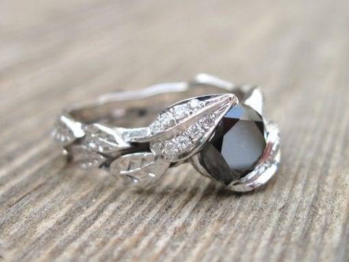 Black Diamond Engagement Ring, Leaf Engagement Ring