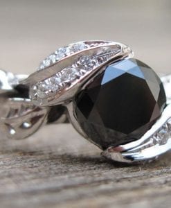 Black Stone Leaf Engagement Ring, Nature Inspired Forest Ring