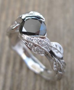 Black Stone Leaf Engagement Ring, Nature Inspired Forest Ring - Image 2