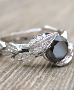 Black Stone Leaf Engagement Ring, Nature Inspired Forest Ring - Image 4