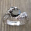 Black Stone Leaf Engagement Ring, Nature Inspired Forest Ring