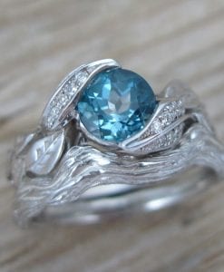 Blue topaz Leaf Wedding Set, Leaves Engagement Ring Set