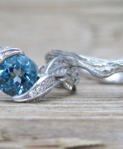 Blue topaz Leaf Wedding Set, Leaves Engagement Ring Set - Image 2