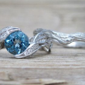 Blue topaz Leaf Wedding Set, Leaves Engagement Ring Set