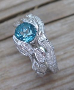 Blue topaz Leaf Wedding Set, Leaves Engagement Ring Set - Image 3