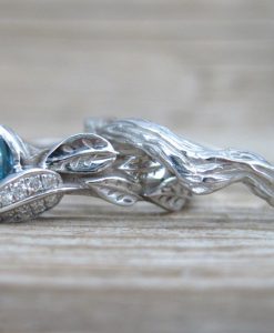Blue topaz Leaf Wedding Set, Leaves Engagement Ring Set - Image 4