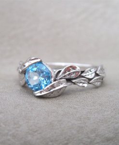 Leaf Engagement Ring, Unique Floral Engagement Ring White Gold Gemstone Ring - Image 3
