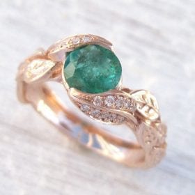 Rose Gold Natural Emerald Leaf Engagement Ring, Leaves Engagement Ring