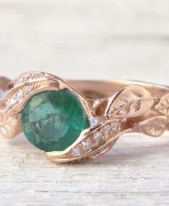 Rose Gold Natural Emerald Leaf Engagement Ring, Leaves Engagement Ring - Image 4