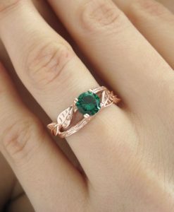 Rose gold Emerald Ring, Twig Wood Leaves Emerald Engagement Ring - Image 5