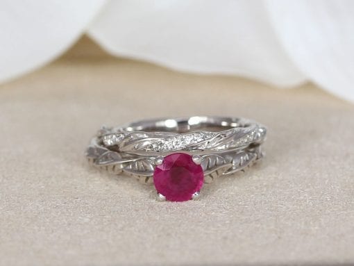 Unique bridal set, Vintage leaf ruby engagement ring