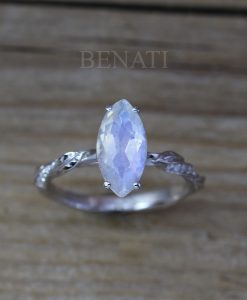 Unique Moonstone Engagement ring, Marquise cut rainbow moonstone vintage ring - Image 6
