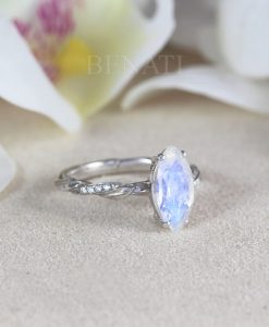 Unique Moonstone Engagement ring, Marquise cut rainbow moonstone vintage ring - Image 7