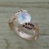 Unique Rose Gold Rainbow Moonstone Ring, Ruby Leaf Ring