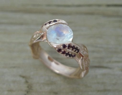 Unique Rose Gold Rainbow Moonstone Ring, Ruby Leaf Ring