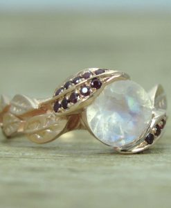 Unique Rose Gold Rainbow Moonstone Ring, Ruby Leaf Ring - Image 2