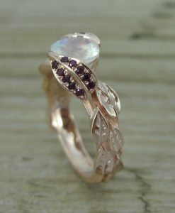 Unique Rose Gold Rainbow Moonstone Ring, Ruby Leaf Ring - Image 3
